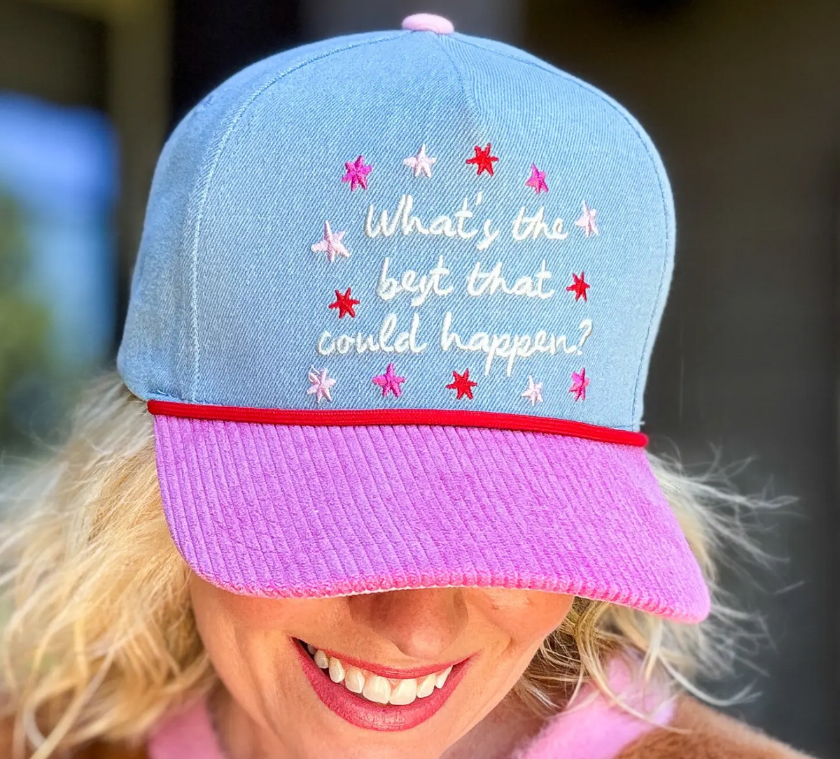 Embroidered baseball cap “what’s the best that could happen?”