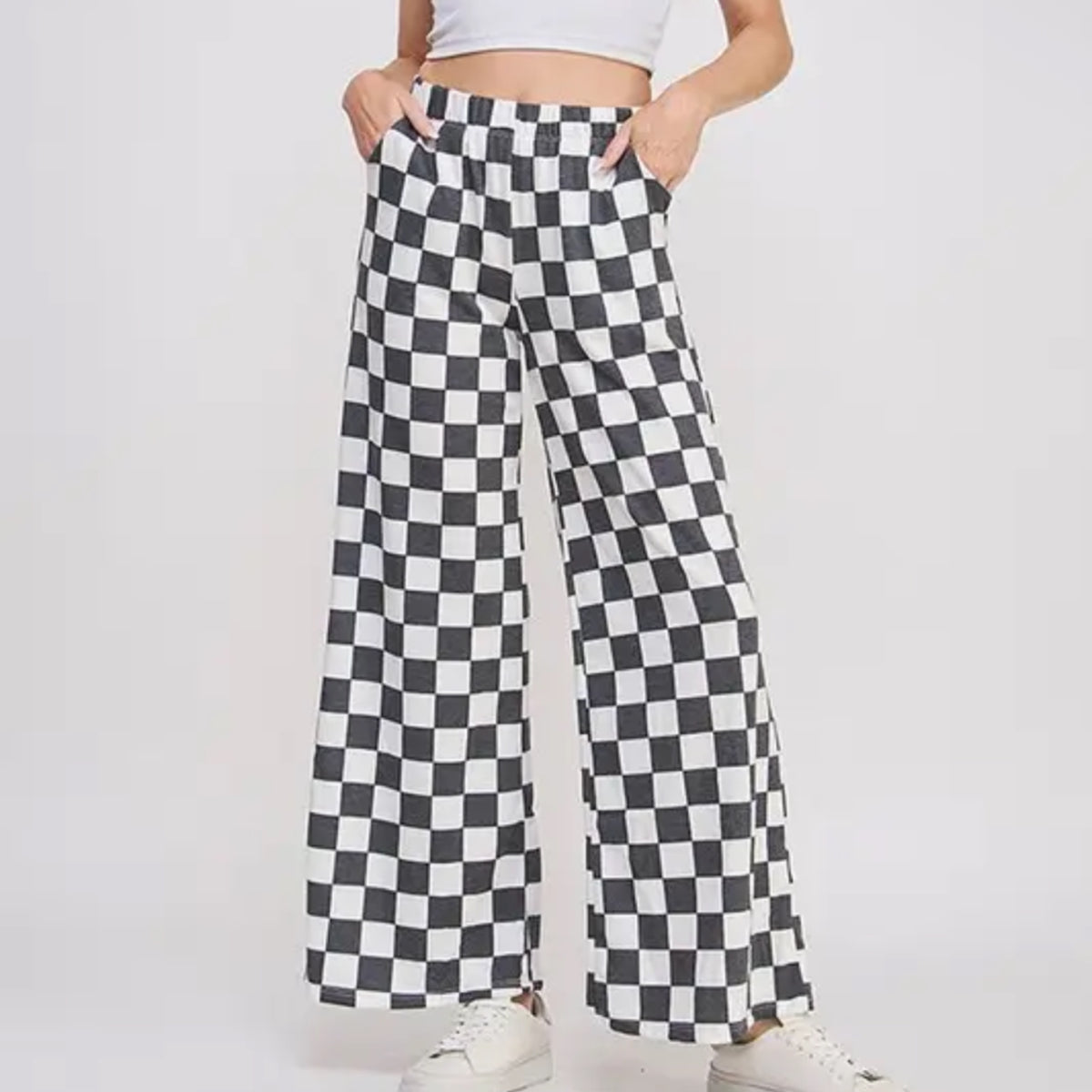 High waist checkered slight crop pants