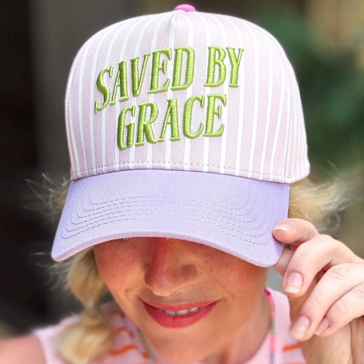 Embroidered baseball cap “Saved by Grace” pink and purple