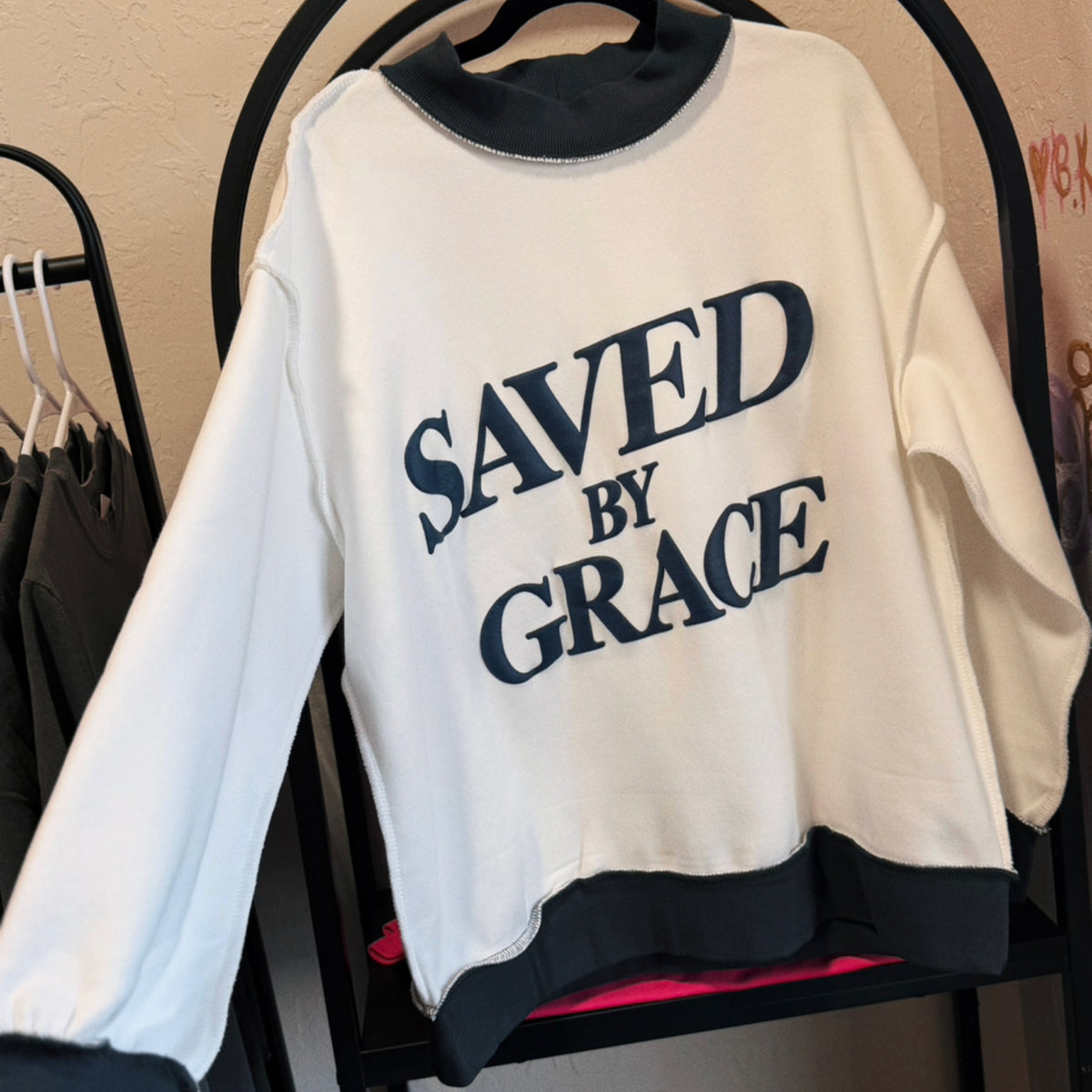 “Saved by grace” mockneck sweater