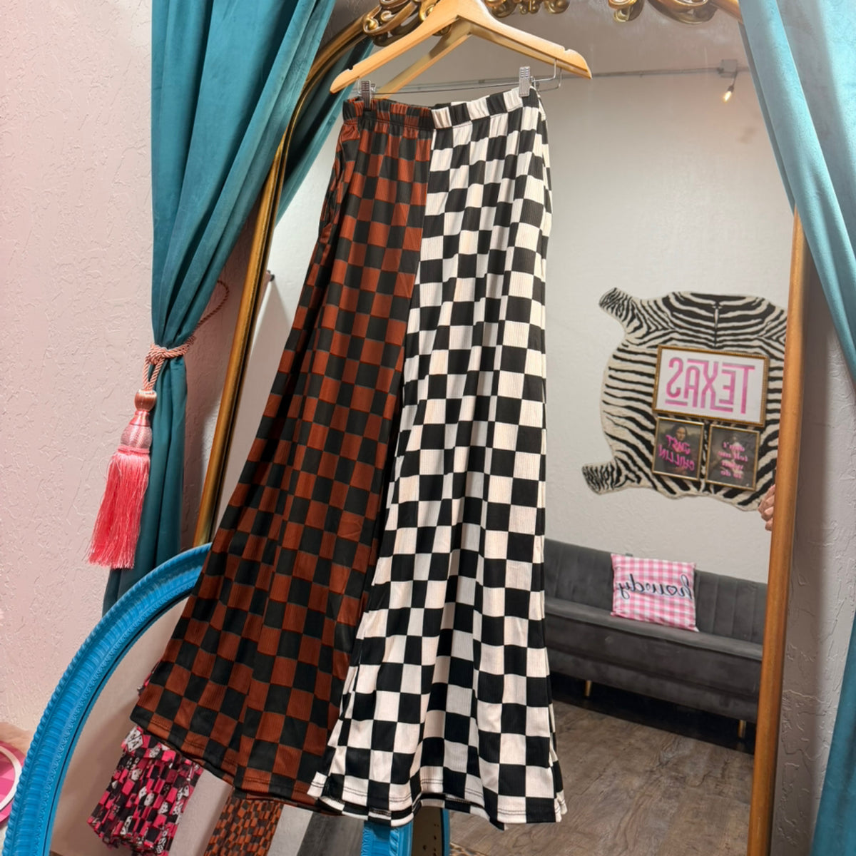 Split checkered brown/ black pants