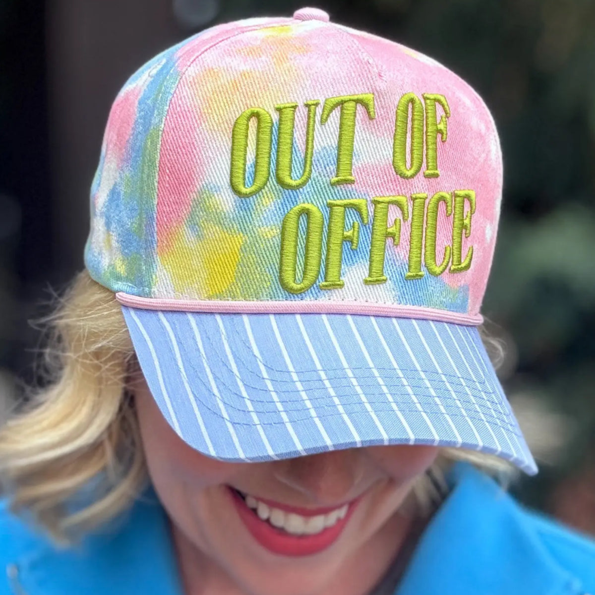 Embroidered baseball cap “out of office” tie dye