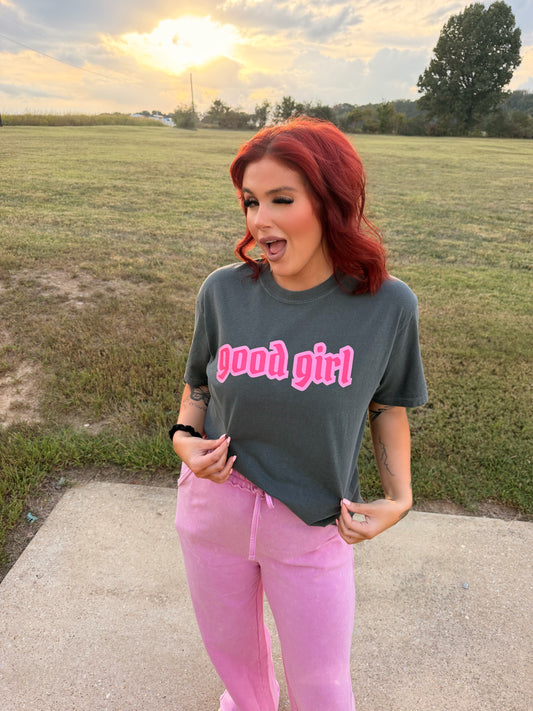 GOOD GIRL pink bubble letter - espresso comfort color tee