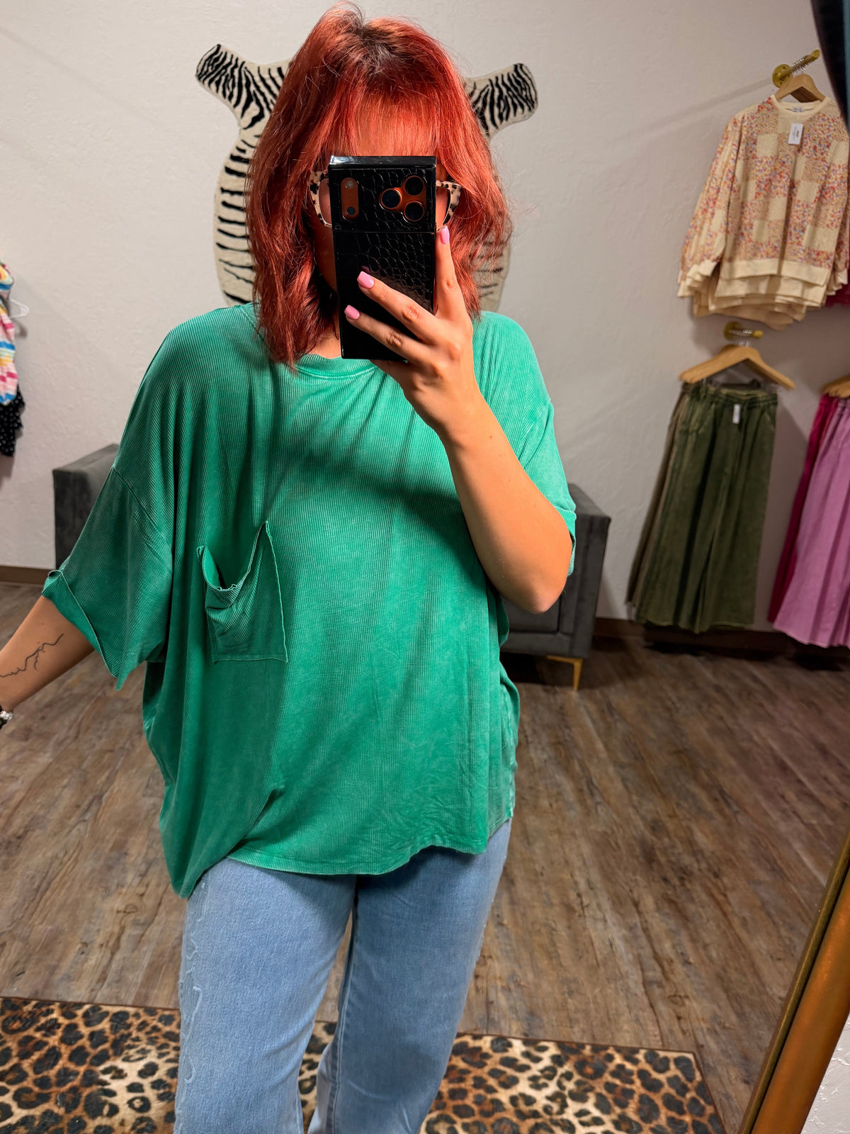 Washed ribbed oversized top zenana Kelly green