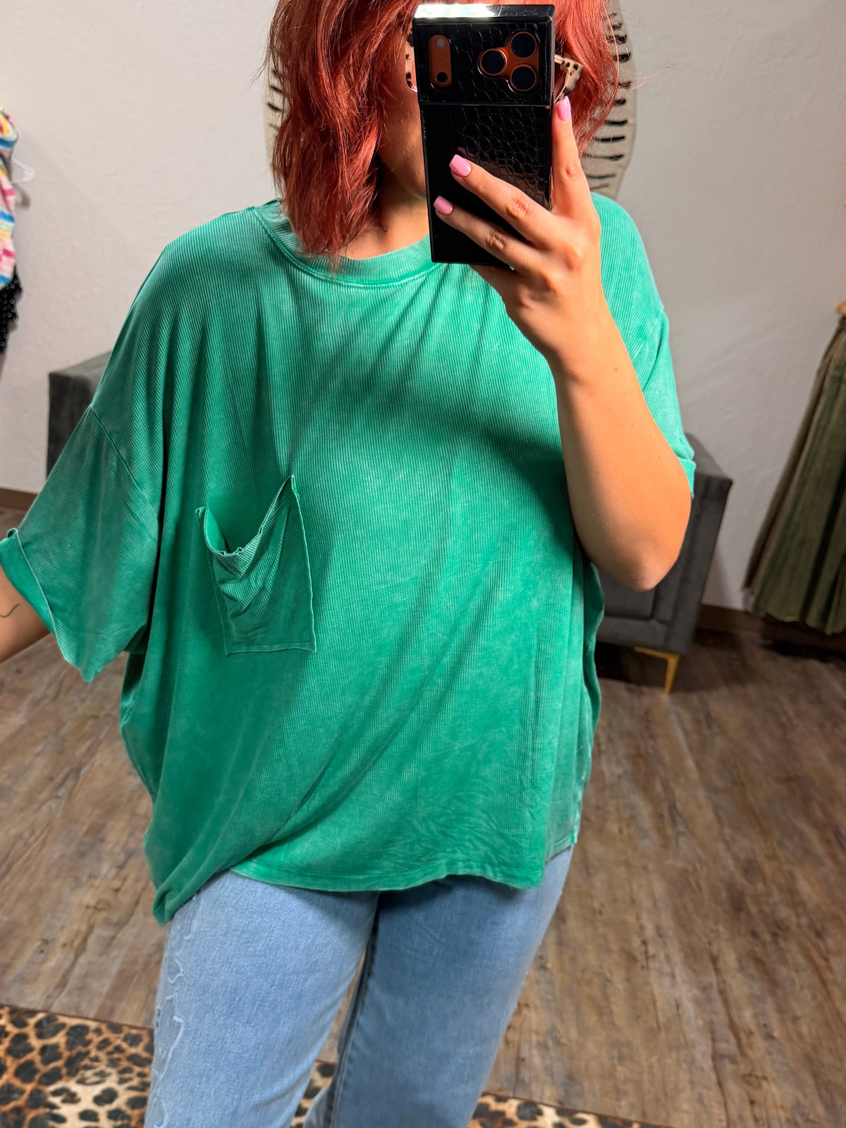 Washed ribbed oversized top zenana Kelly green