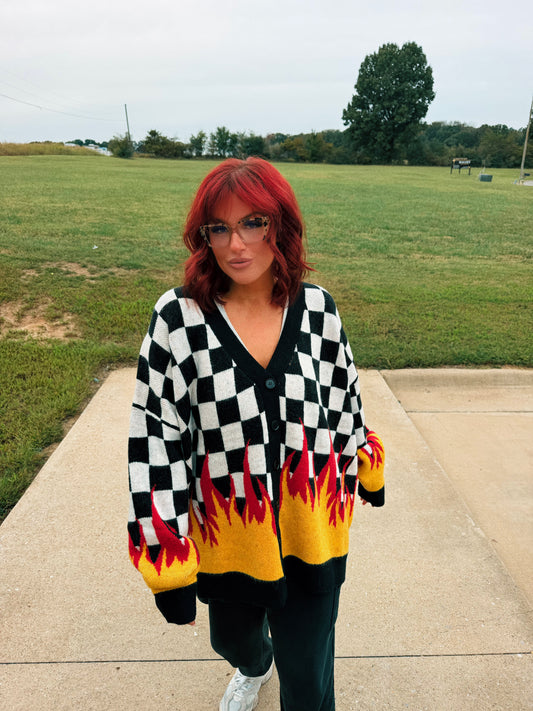 Checkered flame knit cardigan