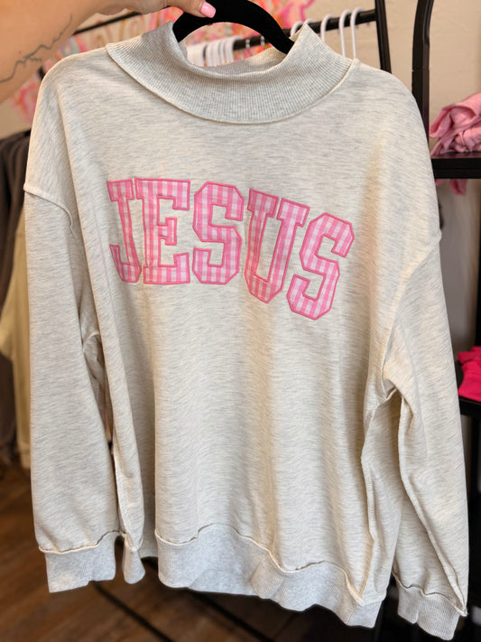 “Jesus” gingham word lightweight mockneck