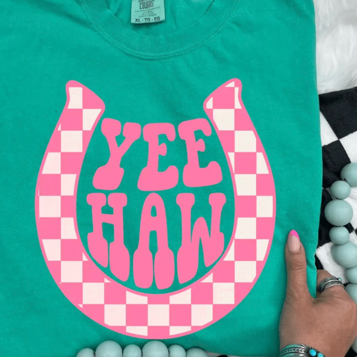 Yeehaw pink checkered horseshoe comfort color island green