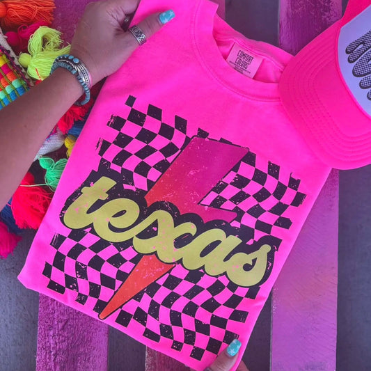 Neon pink Texas lightning bolt comfort color tee