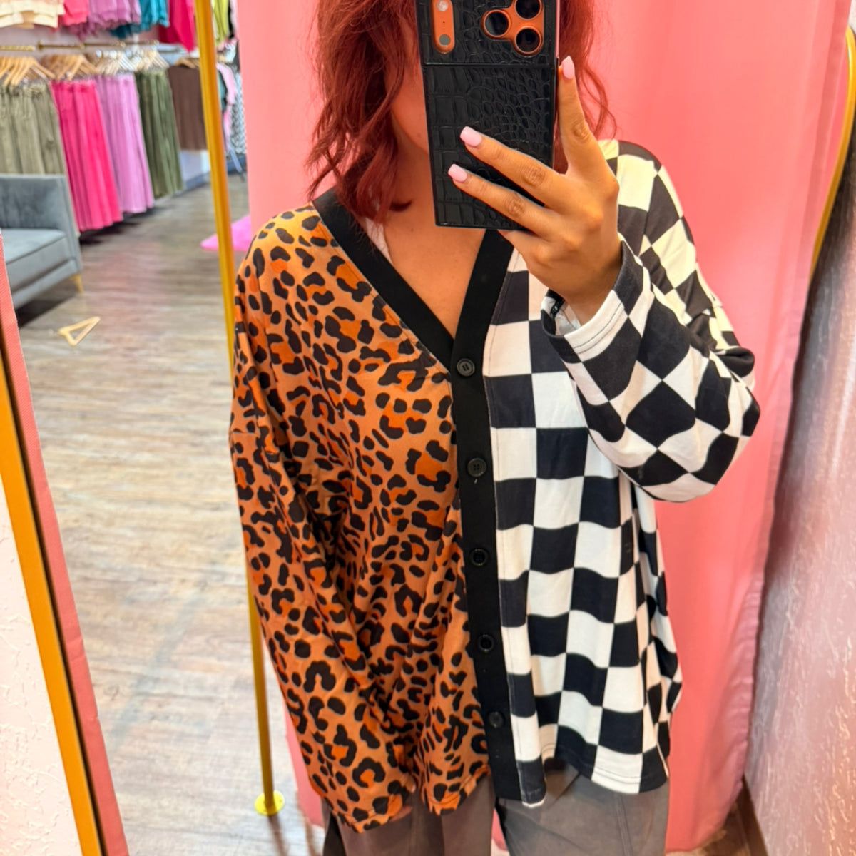 Leopard and checkered split cardigan