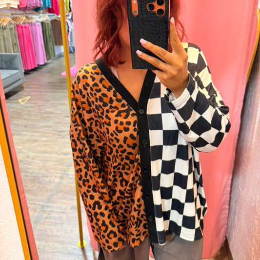 Leopard and checkered split cardigan