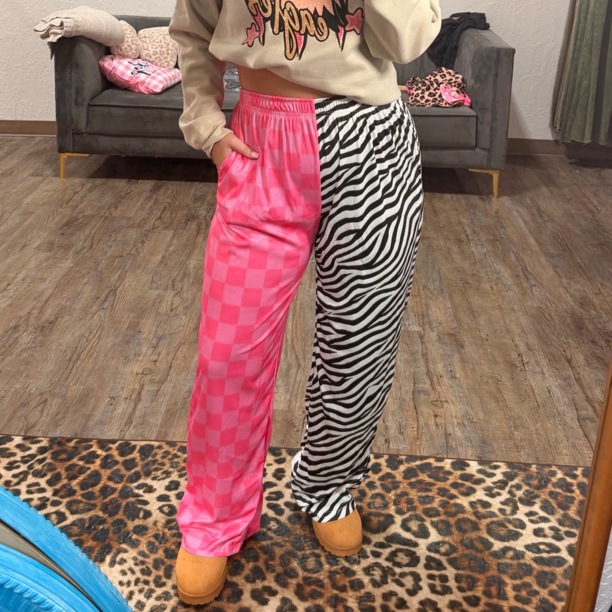 Split pants zebra with pink checkered