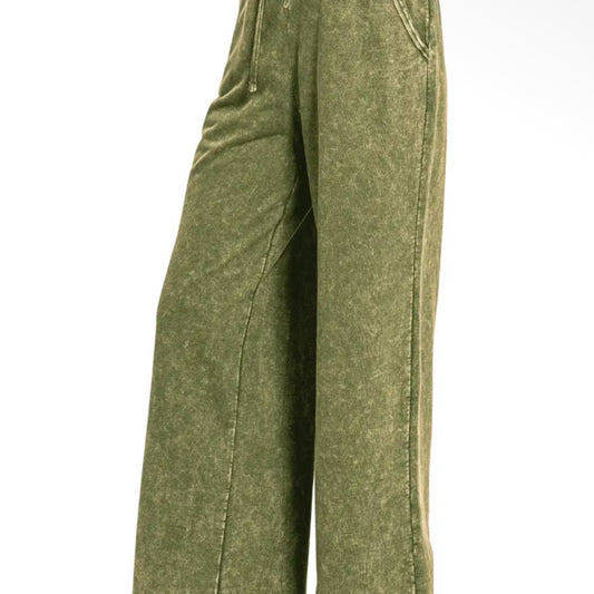 Washed French terry sweatpants w pockets zenana army green