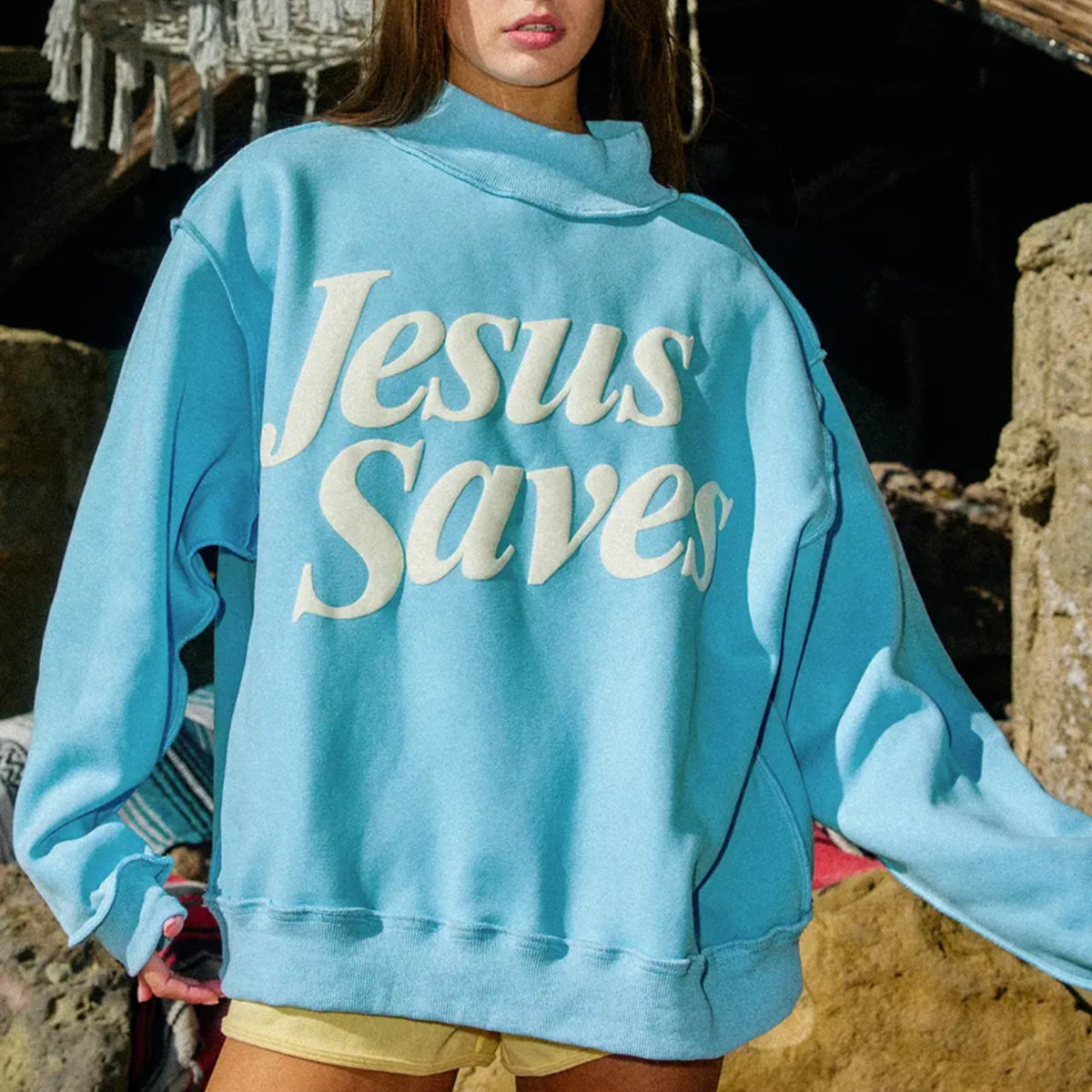“Jesus Saves” puff letter mockneck