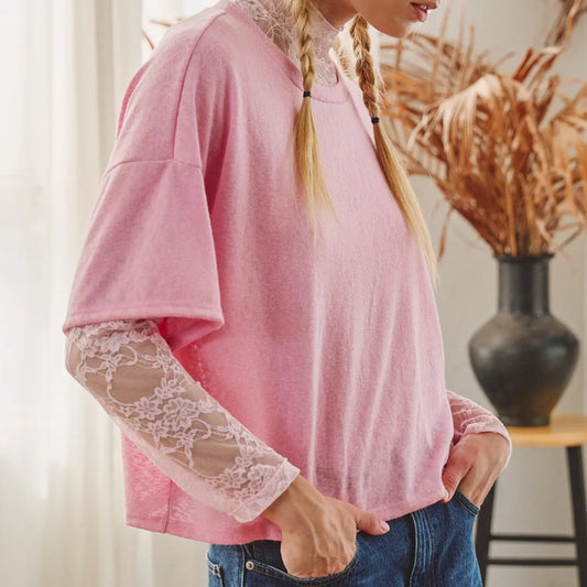 Sheer cropped short sleeve top- pink