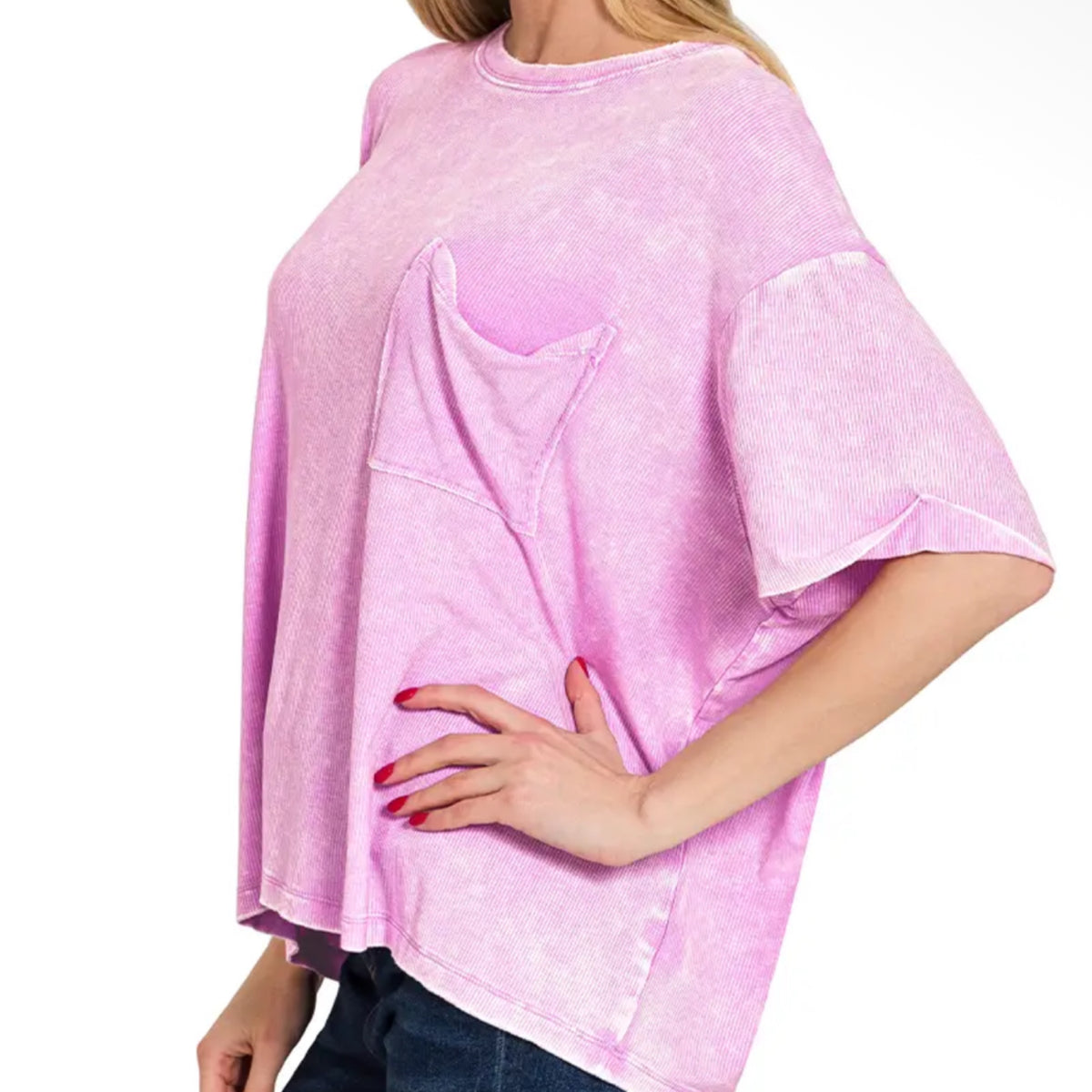 Washed ribbed oversized top w back patch zenana mauve