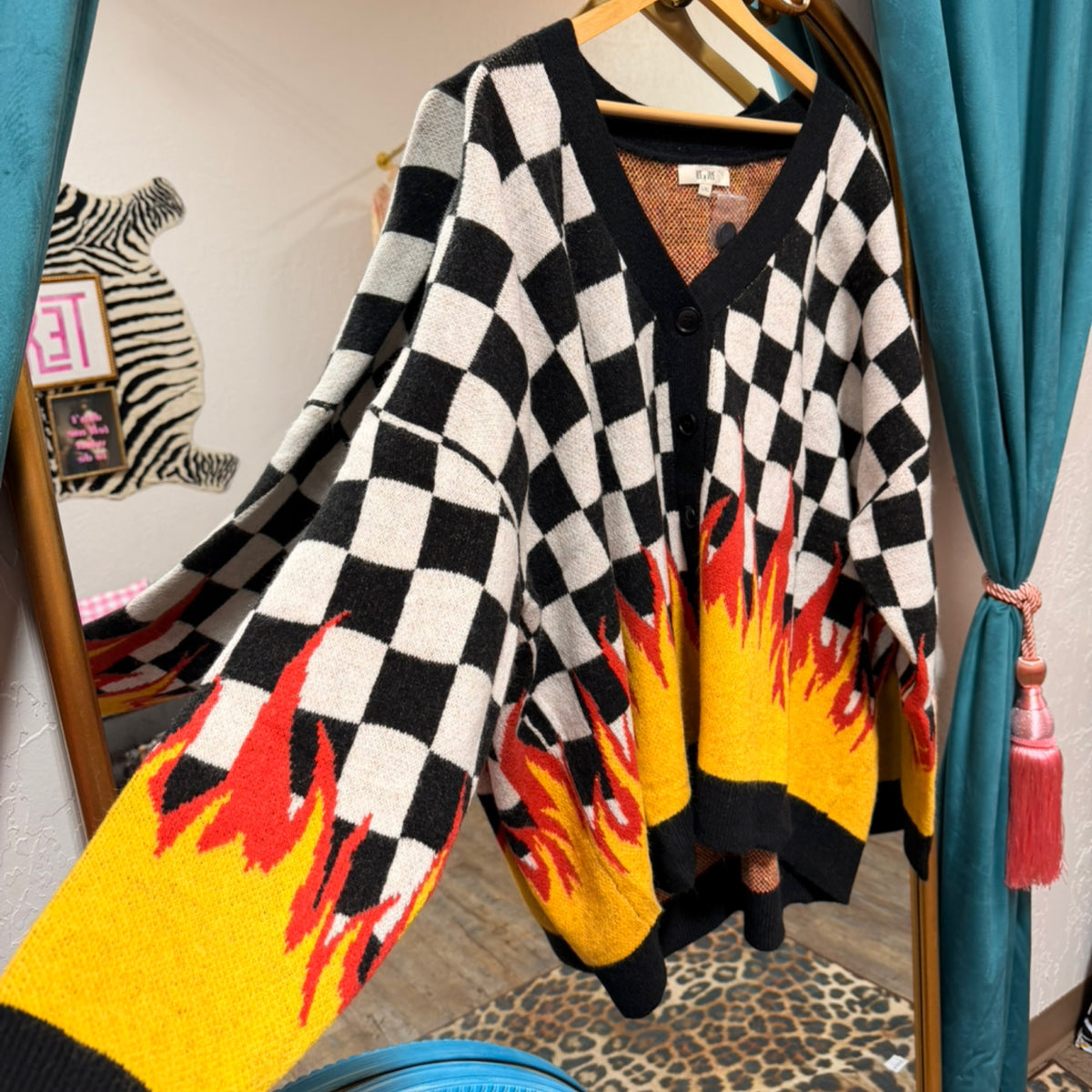 Checkered flame knit cardigan