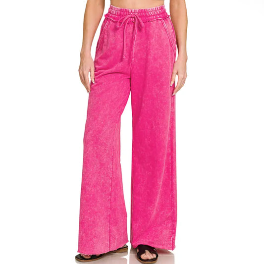 Washed French terry sweatpants w pockets zenana hot pink