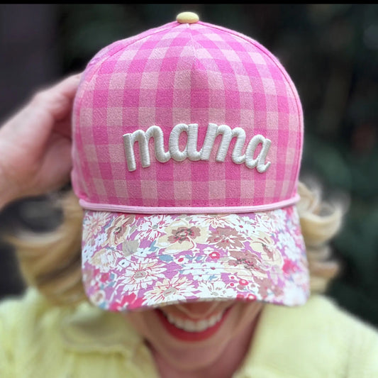 Embroidered baseball cap “mama” pink gingham and floral