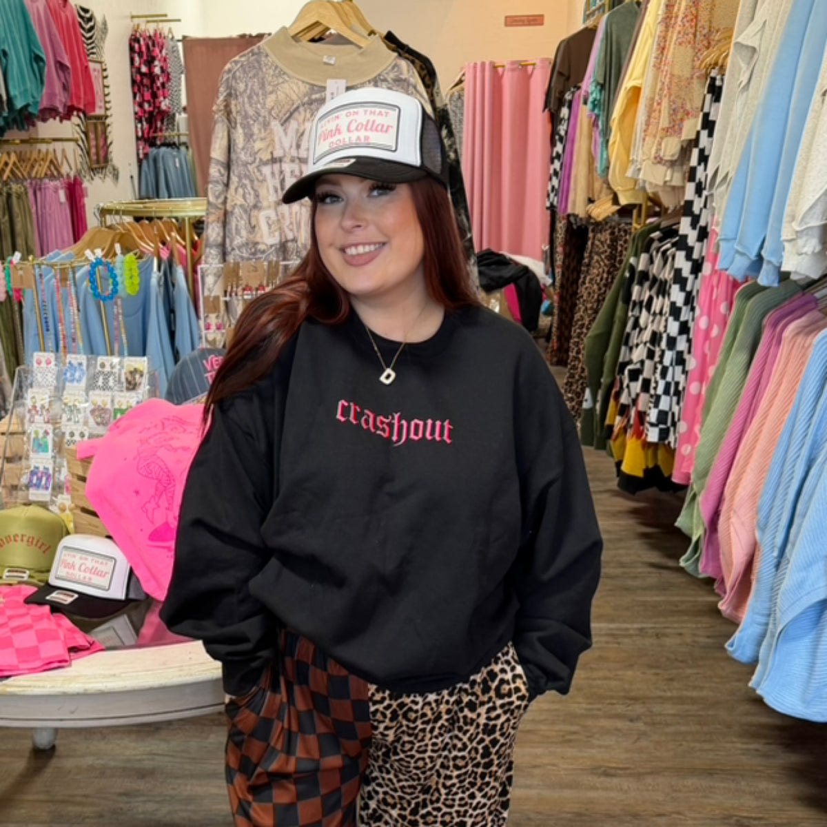 “Crashout” pink embroidered letters on gildan