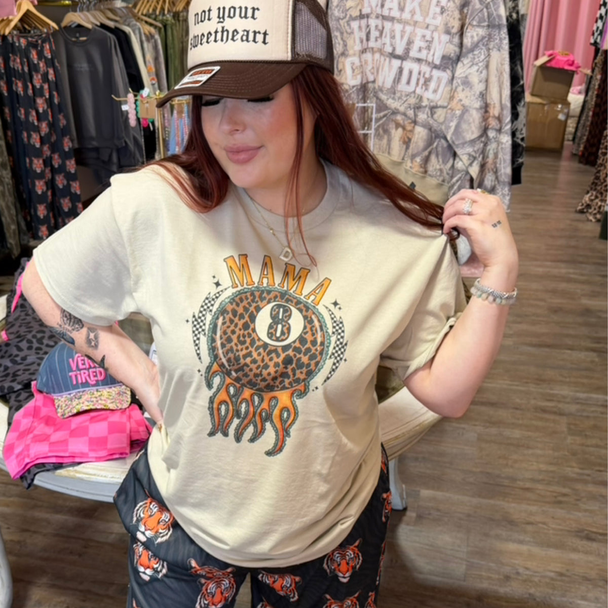 “Mama” leopard 8 ball gildan tee