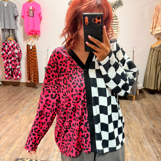 Pink leopard and checkered split cardigan