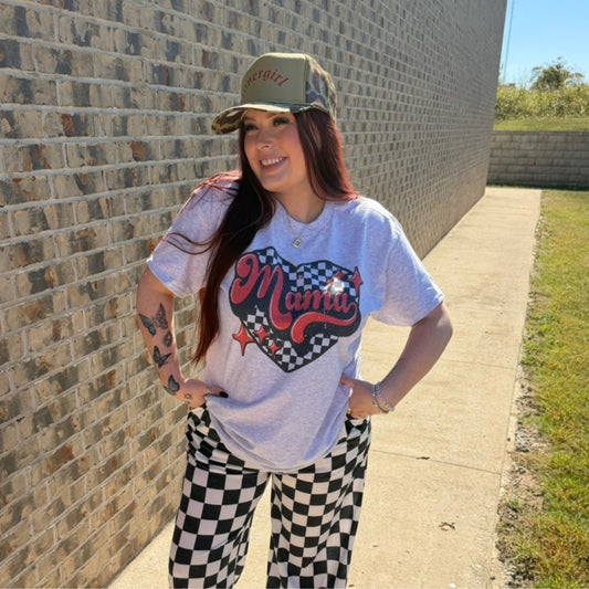 Red “mama” checkered heart sublimation on gildan