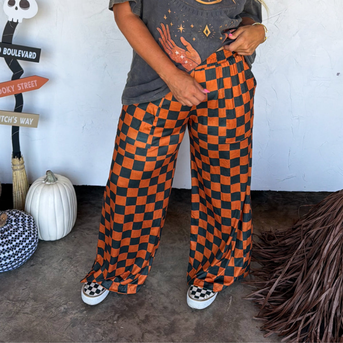 black + orange checkered pant