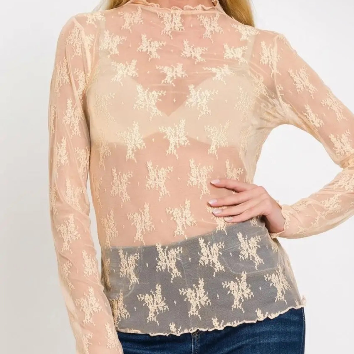 Lace see through layering top nude