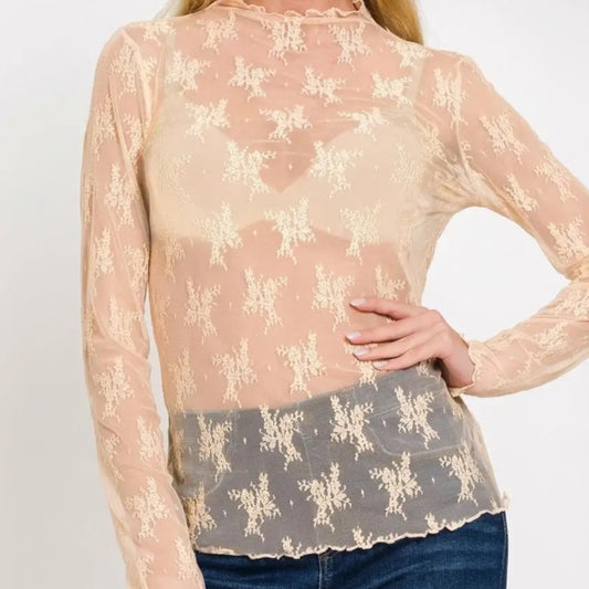 Lace see through layering top nude