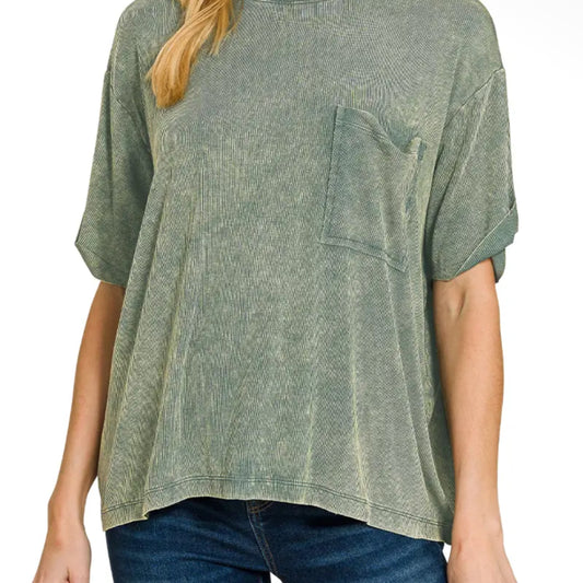 Washed ribbed oversized top zenana - ash jade