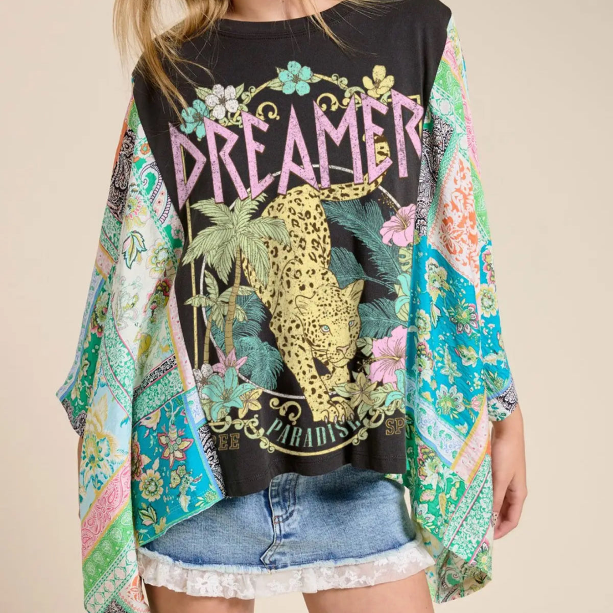 Dreamer leopard paradise graphic rustic sheer sleeve kaftan batwing top black