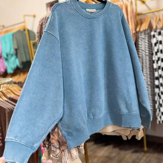 Zenana acid wash fleece sweatshirt - blue grey