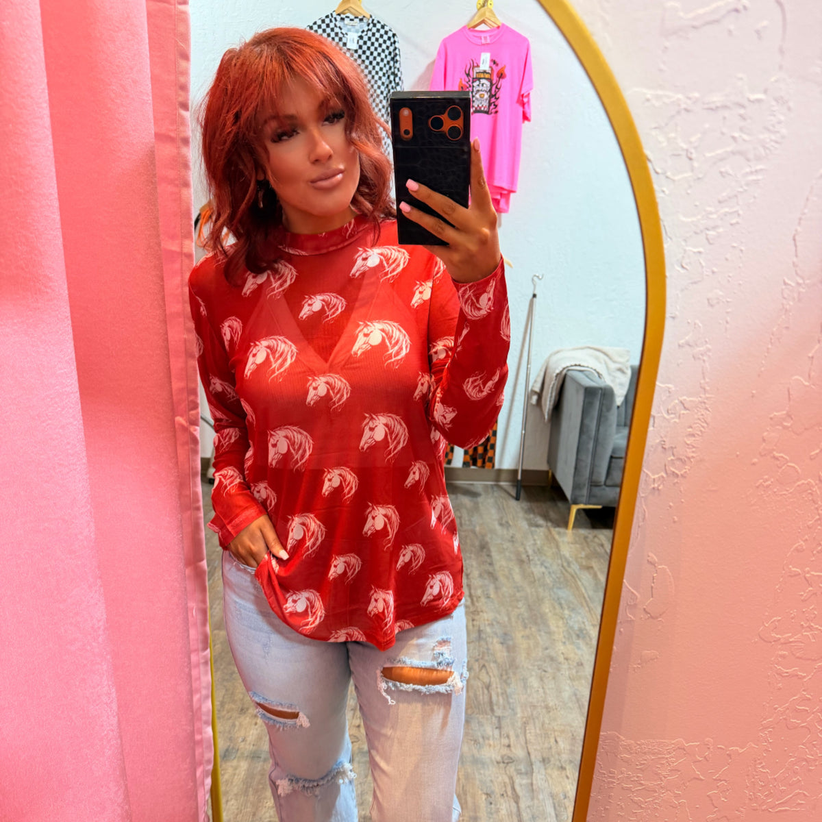 Horse print red sheer top/ layering top